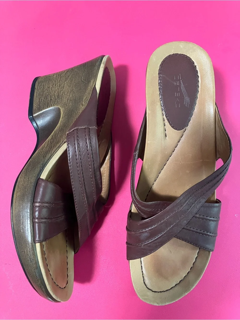 Dansko Brown Leather Crisscross Wedge Sandals - Women EU 38/ US 7.5